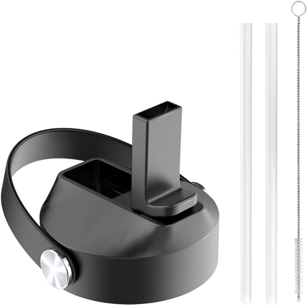 BUZIO Straw Lid Wide Mouth (BPA Free), Replacement Flip Top Cap for Hydro Flask Water Bottle Stainless Steel Lids with 2 Straws and Brushes | Sports 2.16in Straw Cap for 18oz,32oz,40oz,64oz,87oz,128oz (Black)
