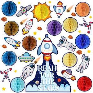 Outer Space Honeycomb Balls Bulletin Board Set Decorations Solar System Cutouts Reach for The Stars Galaxy Planets Astronaut Spacecraft Paper-Cuts for Birthday Party School Nursery Classroom Decor