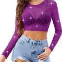 Avidlove Mesh Top Women Rhinestone Sparkly Long Sleeve Sheer Crop Top See Through Shirt Glitter Going Out Tops (Medium, Purple)