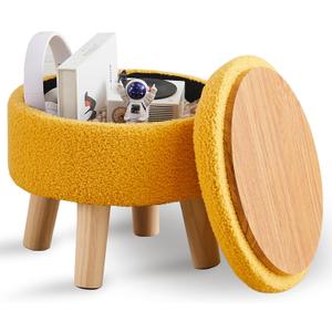 Wimarsbon Storage Ottoman, Modern Round Footrest with Soft Padded Seat, Teddy Velvet Footstool with Wood Legs, Accent Small Table or Plant Stand for Hallway, Living Room (Brilliant Yellow)