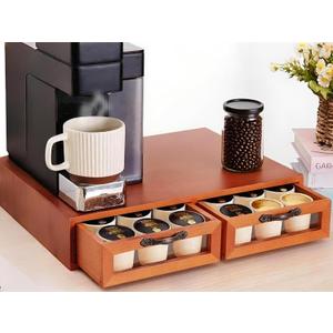 Wooden K-Cup Organizer - Coffee Pod Storage Box, 15.6 * 11.7 * 3.1 in, Compatible for Keuring Pod Holder, 30-50 Pod Capacity, No Assembly Required, Tea Bag Organizer Counter, Coffee Stand with Drawer