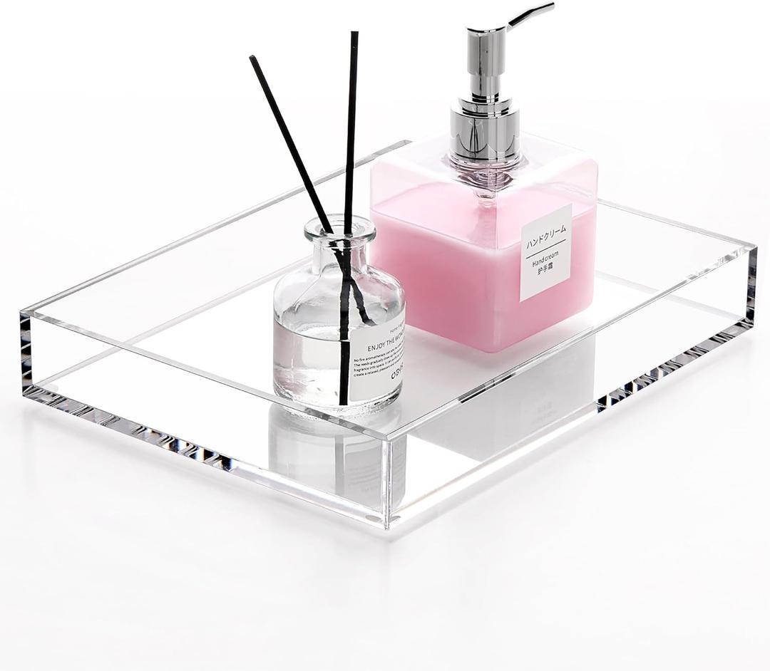 DINGHUO Acrylic Perfume Bathroom Vanity Counter Tray, Clear 9.5"x7" Rectangle Countertop Organizer for Jewelry Candles Soap Makeup Toilet Tank Kitchen - 1 Pack