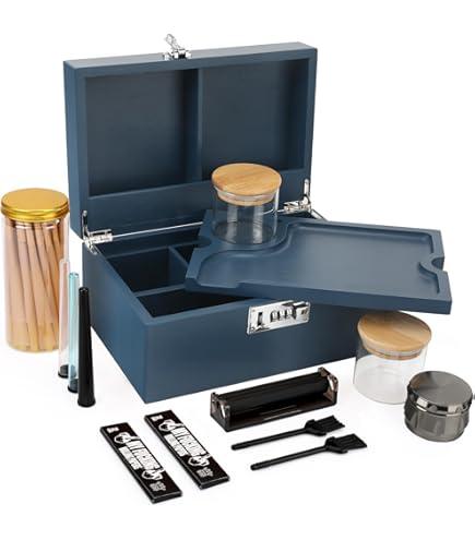 Coozyupper Large Bamboo Storage Box with Removable Tray Kit - Decorative Box Set, Glass Jars, and Accessories Wooden Storage Kit and Accessories Tool.Birthday Gifts, Navy