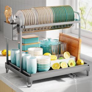 2-Tier Dish Drying Rack - Stainless Steel Dish Rack with Cutlery & Utensil Holders for Kitchen Counter, Sink Organization and Storage Essentials, Home Decor, 16.7" W x 12.7" L x 15.8" H, Gray