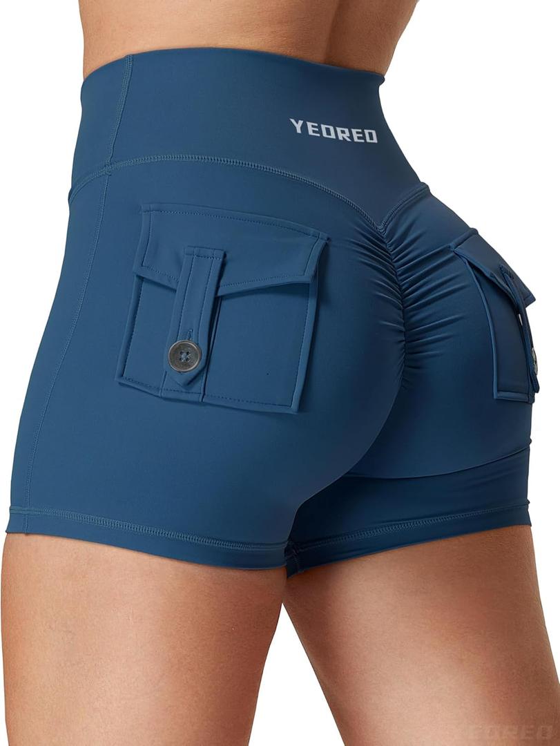 YEOREO CoreFlex Scrunch Workout Shorts with Pockets Charm Gym Biker Shorts for Women High Waisted Booty Yoga, Blue, XS