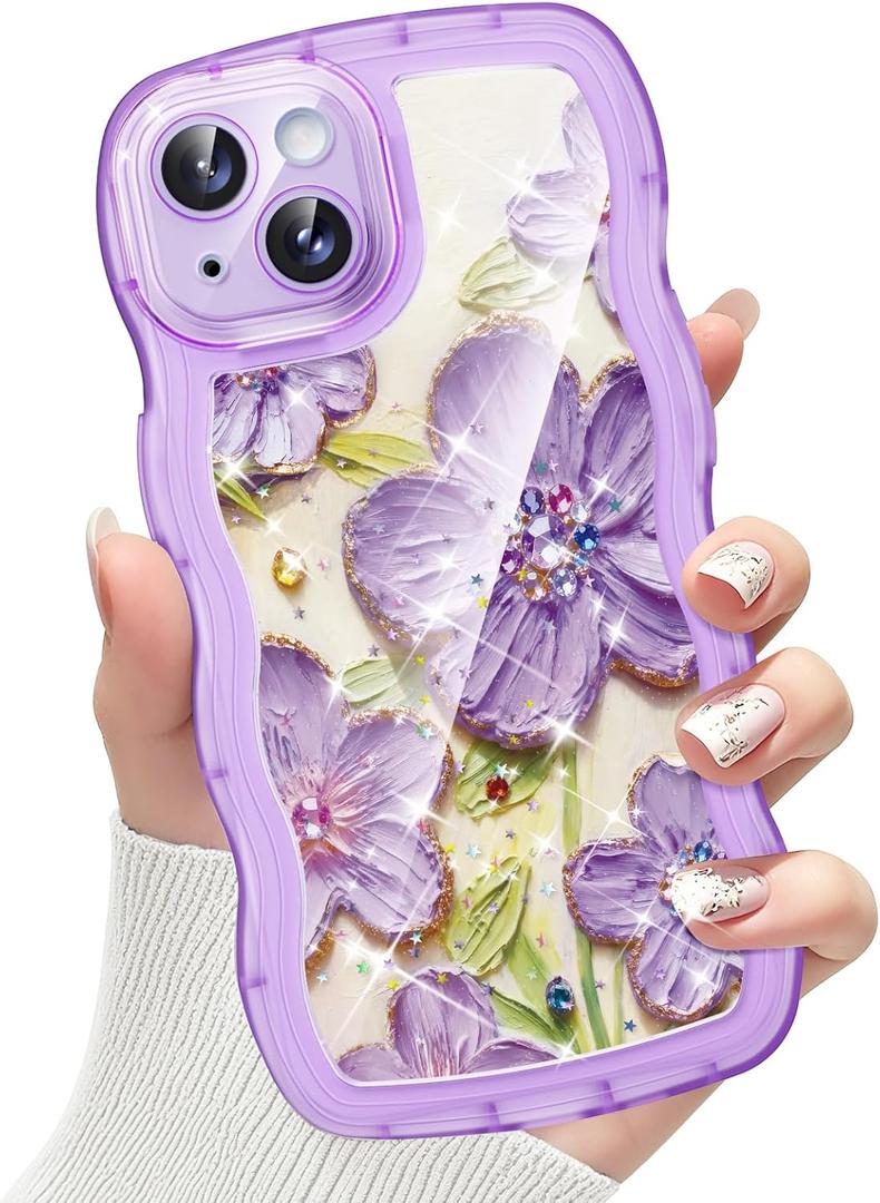 Compatible with iPhone 15 Case for Women, Cute Curly Wave Frame with Bling Glitter Butterfly Pattern, Full Camera Protection, Slim TPU Aesthetic Clear Phone Case for iPhone 15, Purple Flower