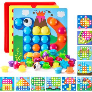Geekper 68PCS Button Art Toys for Toddlers Color Matching Mosaic Pegboard, Early Learning Educational Toys for 3, 4, 5, 6 Year Old Kids Boys and Girls, 10 Pictures and 58 Buttons