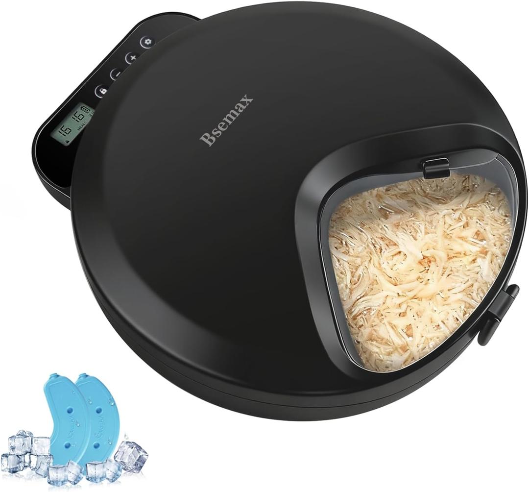 Bsemax Automatic Wet Food Cat Feeder, Auto Refrigerated Wet Foods Feeder for Cats Dogs 4 Meal Timed Fresh Foods Dispenser with 2 Ice Packs Small Pet Feeders for Kitty Puppy Automatic Cat Dog Food Bowl Black