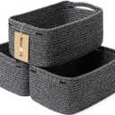 Small Storage Baskets for Organizing | Closet Organizer Bins | Shelf Toy Basket | Woven Rope Baskets | Cube Decorative Box | Shallow Basket | 13x8.5x5.1 | 3 Packs Dark Gray