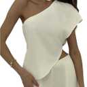 SOLY HUX Women's Summer One Shoulder Asymmetrical Tops Elegant Short Sleeve Evening Cocktail Blouse (L)