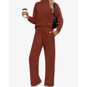 WIHOLL Two Piece Sets for Women Fall Outfits Lounge Sets Mock Neck Tops Wide Leg Pants Vacation Travel Airport Outfits L