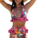 SPORLIKE Women High Waisted Swimsuit Ruffle V Neck Bikini Two Pieces Swimwear (Large, Castle)