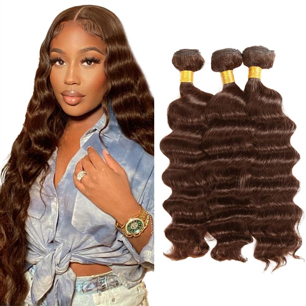 #4 Bundles Chocolate Brown Deep Wave Bundles Human Hair 30 32 34 Inch Pre Plucked Dark Brown Deep Curly Bundle Human Hair Extensions 3 Bundle 150g