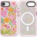 3 x for iPhone 16E Case Cute - Compatible with Magsafe - Durable Shockproof 6.6 ft Drop Impact Phone Case - Funny Passion Flower Design (6.1") Glitter Pink