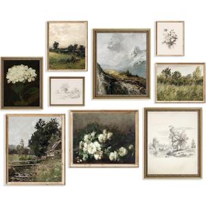 Vintage Wall Art French Country Wall Decor, Vintage Posters for Room Aesthetic Picture, Dark Green Antique European Landscape Flower Meadow Gallery Canvas Art Prints Painting for Bedroom Living Room,