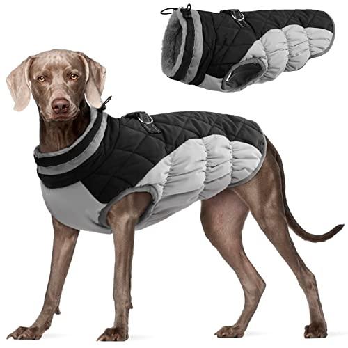 FUAMEY Dog Coat for Large Dogs,Waterproof Dog Winter Jacket with Harness Built in Puppy Cold Weather Coats Reflective Pet Vest with Zipper Warm Fleece Dogs Snowsuit Windproof Black M