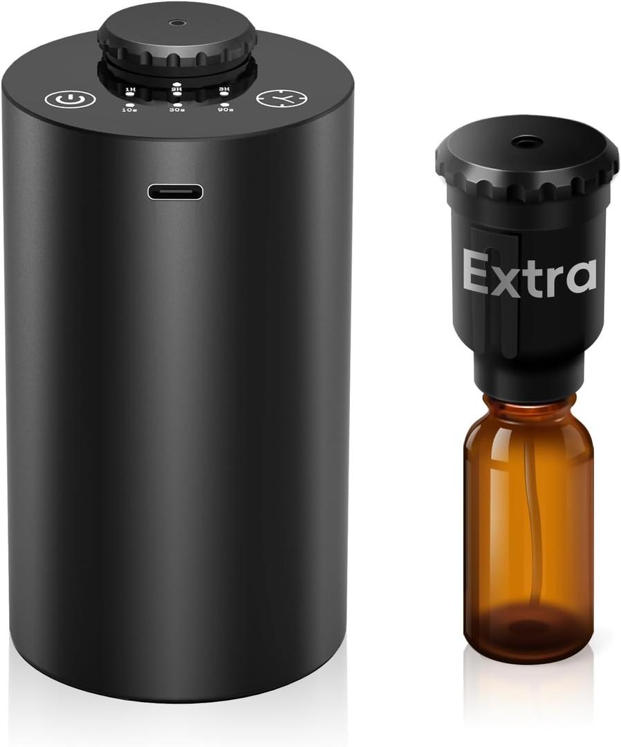 Waterless Essential Oil Diffuser Battery Operated Cordless Aromatherapy Diffuser with Timing & 3 Mist Levels car Diffuser Black Aluminum Alloy (E10-2A)