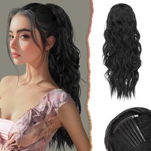 SOFEIYAN Drawstring Ponytail Extension 24 Inch Wavy Curly Clip on Hairpiece Comb Clip in Ponytail Extensions Layered Fluffy Thick Pony Tails Hair Extension Synthetic Hairpieces for Women-Natural Black
