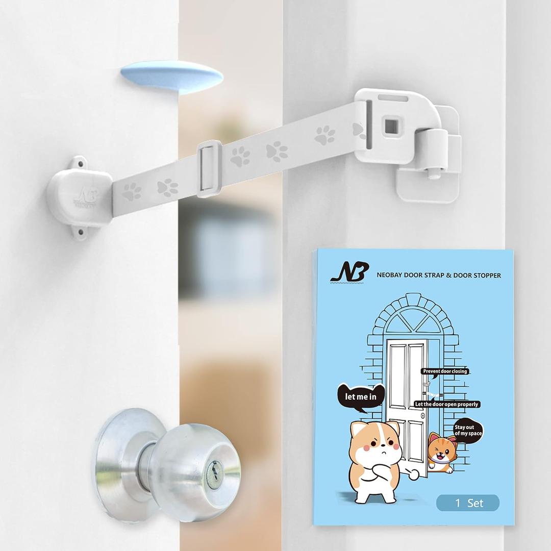 Adjustable Door Strap and Latch, Textile Cat Door Latch to Keep Dog Out of Litter Box, Economical Alternative of Pet Gates, Basic with Stopper 1 Pack