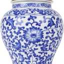 Chinoiserie Blue White Ginger Jars,7.6" Ceramic Decorative Ginger Jar With Lid,Porcelain Vases Decor for Living Room,Bedroom -Medium (Lotus)