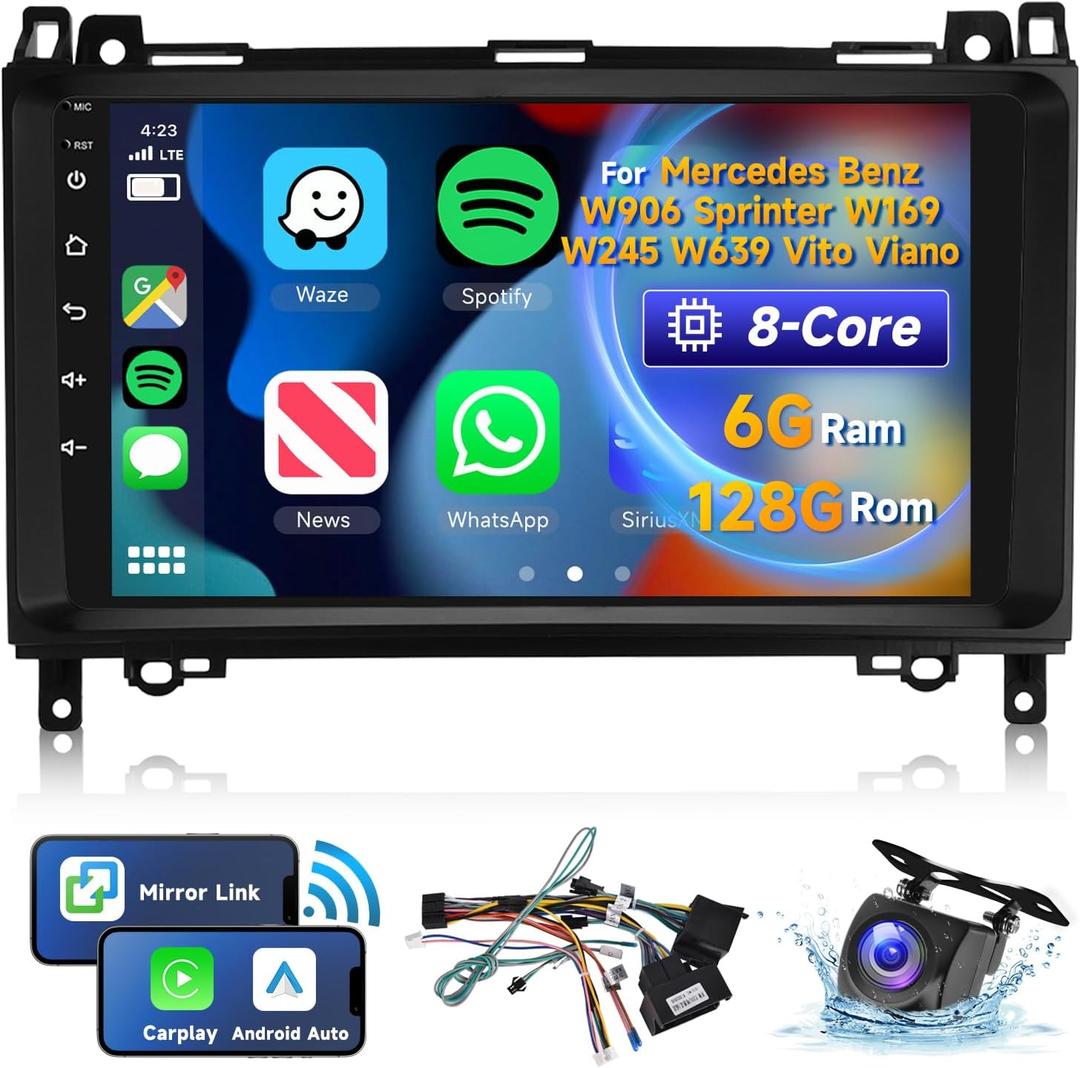 [8 CORE 6G+128G] Car Radio for Mercedes Benz W906 Sprinter W169 W245 W639 Vito Viano with Wireless Carplay/Android Auto, 9" Android 13 IPS Touch Screen Stereo, Bluetooth, GPS, WiFi, SWC, DSP + Camera