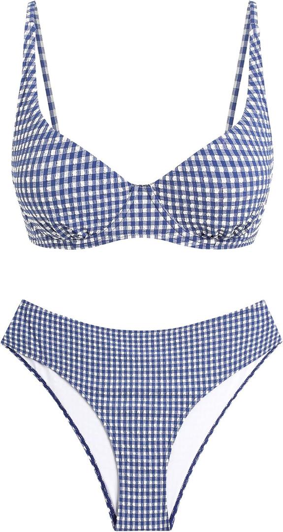 ZAFUL Womens Gingham Bikini Sets High Waisted Underwire Swimsuits Full Coverage Two Piece Swimwear Plaid Bathing Suits (Blue, S)