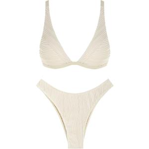 ZAFUL Women's Sexy Two Piece Swimwear Textured Triangle Plunging Neck High Cut Cheeky Bikini Set Solid Color Swimsuit (Large, Beige)
