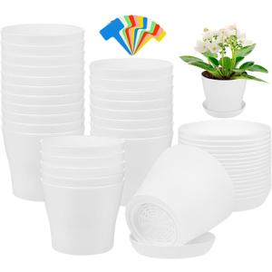 Aodaer 24 Pack 4 Inch Plastic Planters with Multiple Drainage Holes and Tray Indoor Outdoor Flower Plant Nursery Pots with Labels Flower Seedling Pots for Herb Garden Home Succulents, White