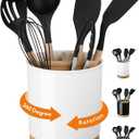 LoeJan 3 Compartment Utensil Holder, Extra Large Utensil Crock, Stable Ceramic Utensil Organizer, Cooking Tool Organizer Set for Kitchen Counter Farmhouse Decor (C-White(Grossy))