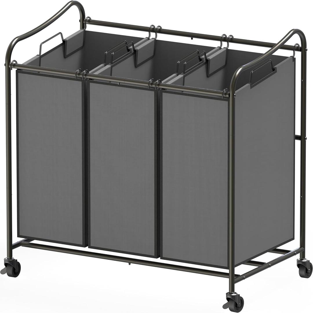 Simple Houseware Heavy Duty 3-Bag Laundry Sorter Rolling Cart, Dark Grey  Durable Triple Laundry Hamper with Removable Bags and Lockable Wheels for Efficient Laundry Organization