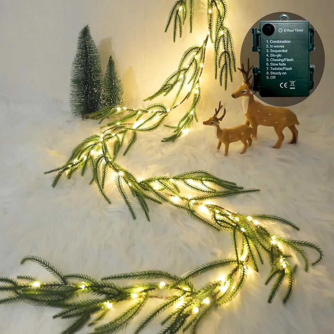 2025 New Christmas Norfolk Garland Lights 6.56FT Pine Garlands 96 LED 8 Flash Modes Battery Operated Xmas Garland Lights with Timer Lighted Christmas Decorations for Mantle Fireplace Door Home Holiday