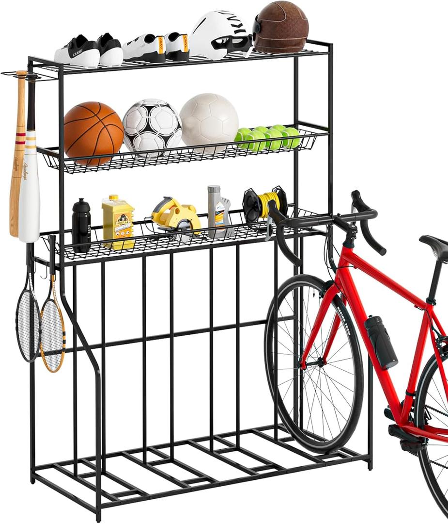 4 Bike Stand, Bike Rack Garage with 3-Tier Storage Rack, Bicycle Stand for Garage Organizer, Indoor Sporting Gear Storage Station for Mountain/Road/Hybrid & Fat Tire Bike, Patent Pending (Large)