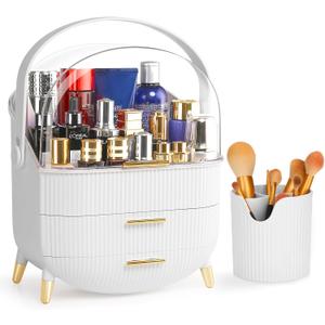 Haturi Makeup Organizer, Skincare Organizers w/Brush Holder, Cosmetics Organizer with Drawers, Waterproof & Dustproof Makeup Organizer for Vanity, Preppy Skin Care for Bathroom, Dresser, Countertop