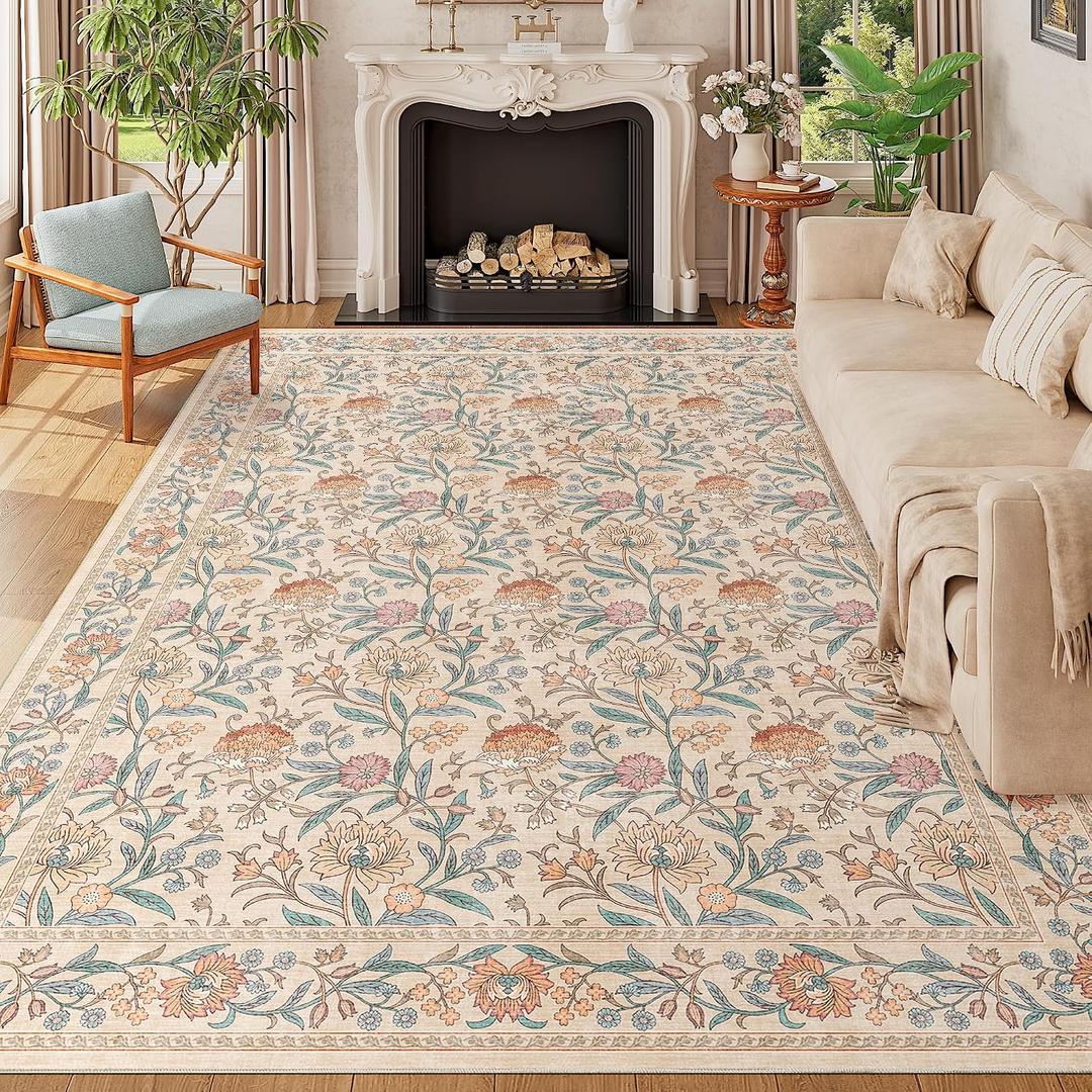 DUKINO 9x12 Area Rug for Living Room, Vintage Floral Washable Rug, Beige