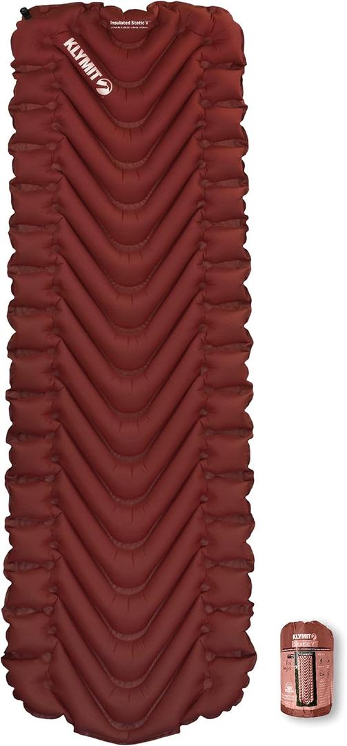 KLYMIT Insulated Static V Inflatable Sleeping Pad | Comfortable, Lightweight, Easy to Inflate, Portable Air Bed Mattress for Camping, Backpacking and Hiking — Red