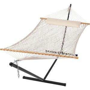 SUNCREAT Double Outdoor Hammock with Stand Included, Portable Cotton Rope 2 Person Hammock for Outdoor, Patio, Garden, Backyard, Beige