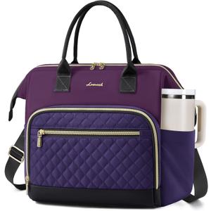 LOVEVOOK Lunch Bag Women, Insulated Adult Lunch Box for Women Work, Wide Opening Leakproof Cooler Tote Bag for Office Campus Picnic Beach with Shoulder Strap, Loncheras Para Mujer with Cup Holder (Large16L, Dark Purple-Black)