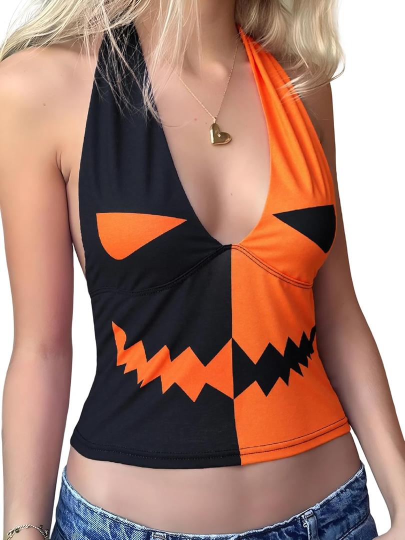 Halter Tops for Women Summer Crop Deep V Neck Blackless Tank Top Going Out Y2k Coquette Clothes (Orange, S)