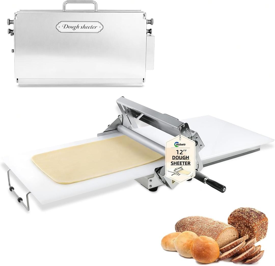 Folding Dough Sheeter (12")Folding Dough Rolling MachineManual Dough SheeterDough Sheeter Machine For HomeStainless Steel Dough Machine With 55 Adjustable Thicknesses,(1 Scrolling Panel)