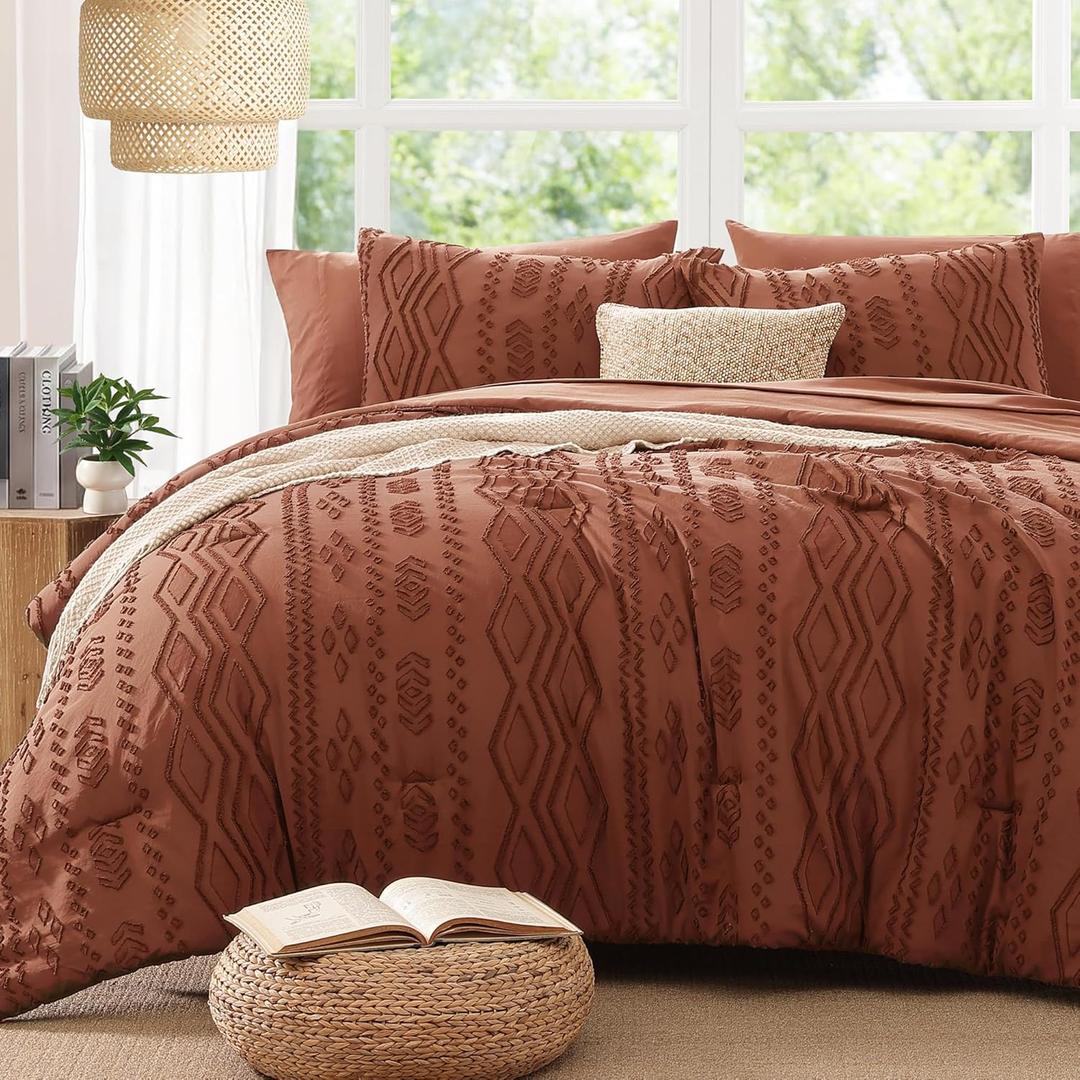 Full Size Comforter Set Autumn Leaf Tufted Boho Bedding Sets 7 Pieces | Farmhouse All Season Bed in a Bag with Comforter, Sheets, Pillowcases & Shams