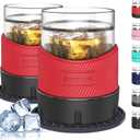 Ourokhome Whiskey Freeze Glasses, Patent Plastic Ice Chiller for Bourbon, Scotch, White Wine, 5 oz Insulated Liquor Tumbler for Men and Women, Set of 2, with 2 Silicone Cup Mats, Red
