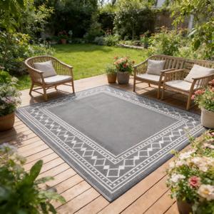 MilleLoom Outdoor Patio Rug 9x18 Waterproof Outside Area Rugs Diamond Border Reversible Plastic Straw Carpet for RV Deck Camping Entryance Porch Picnic Balcony Beach，Grey