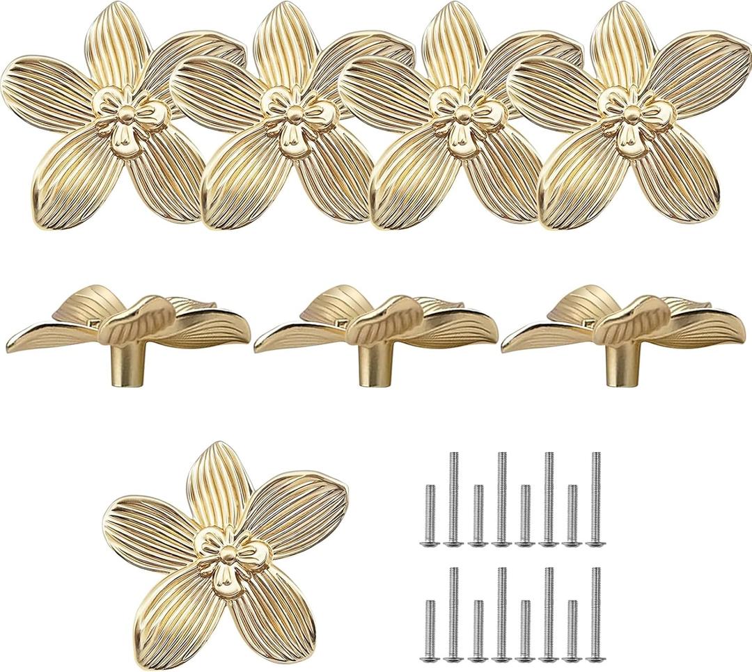 Flower Drawer Knobs Flower Cabinet Knobs Zinc Alloy Dresser Knobs 2.4 inch (61mm) Gold Cabinet Door Knobs (8, Gold)