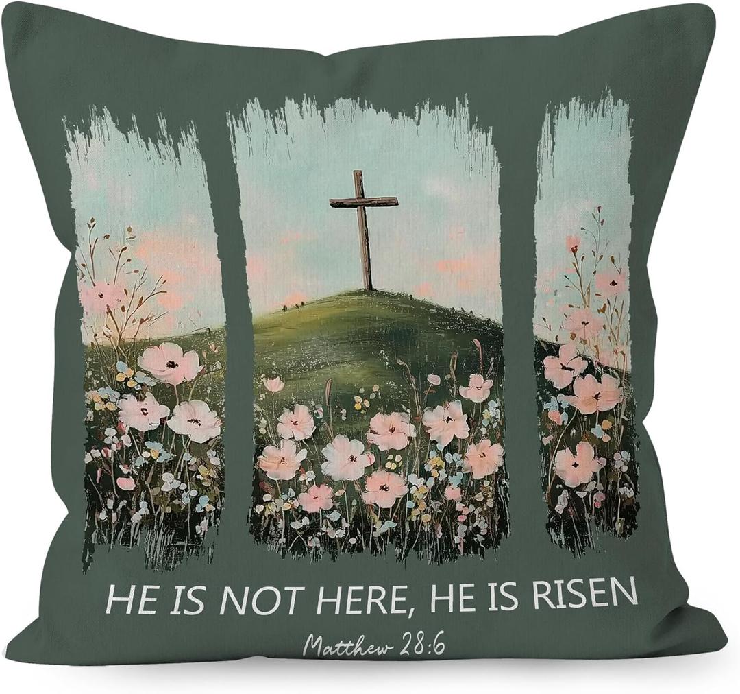 Christian Easter Floral Cross Decorative Throw Pillow Cover, Religious Easter Decor, He is Risen Bible Verse Pillow Covers for Home Church Prayer Room Bed Sofa Decor, 18x18 Inch