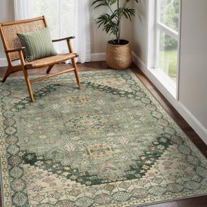 GENIMO Machine Washable 8x10 Area Rugs for Living Room, Non Slip Vintage Rugs, Low Pile Lightweight Chenille Print Rug for Bedroom, Dining Room, Home Office, Forest Green