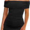 OWIN Womens Off Shoulder Bodycon Mini Dress Sexy Ruched Ribbed Cocktail Club Party Night Out Dress (Black, S)