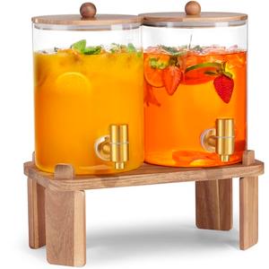2 PCS 1 Gallon Drink dispenser, Glass Beverage Dispenser With Wood Stand, Large Water Drink Dispensers for Parties With Stainless Steel Spigot, Ideal for Lemonade, Juice, Tea, and Party Drinks