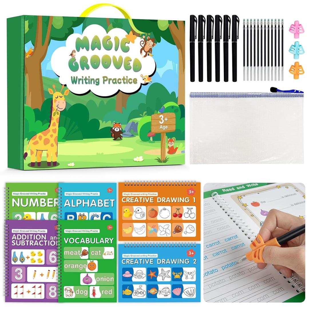 Magic Grooved Writing Practice Book for Kids Ages 3–8, 6 Reusable Handwriting Practice Books with 6 Pens, 12 Refills, 3 Soft Grips, Preschool Learning Activities Gifts for Boys and Girls