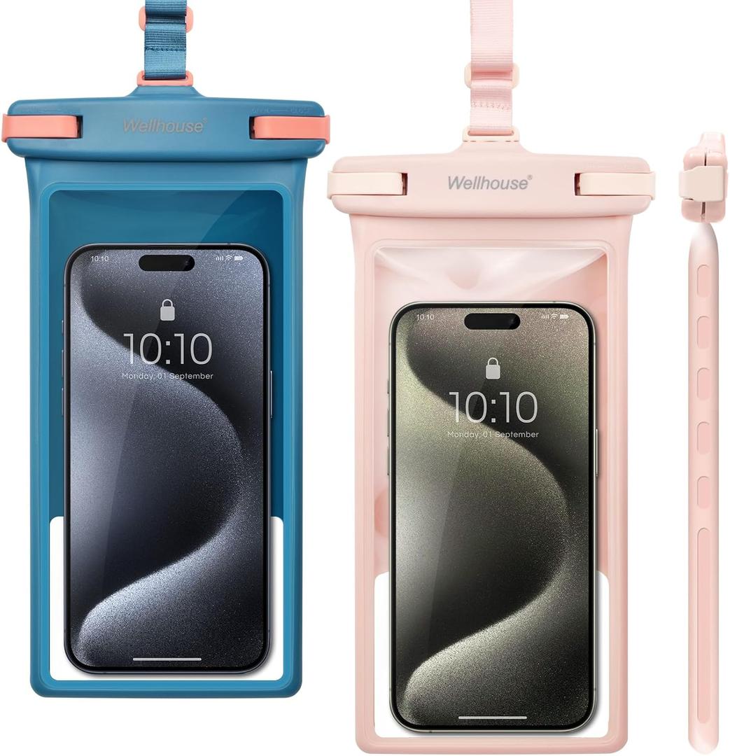 Wellhouse Waterproof Phone Pouch, Waterproof Phone Case for iPhone 17 16 15 14 13 Pro Max XS Samsung, IPX8 3D Cellphone Dry Bag Beach Essentials (2 Pack - Blue & Pink8.0, 8 inch)