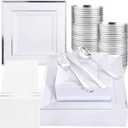 Festiva 350Pcs Silver Plates - Silver Square Plastic Plates 9 .5" and 6" - serve for 50 guests include 50 Cups 50Plastic Cutlery 50Hand Napkins Perfect for Party&Wedding&Birthday&Easter Day